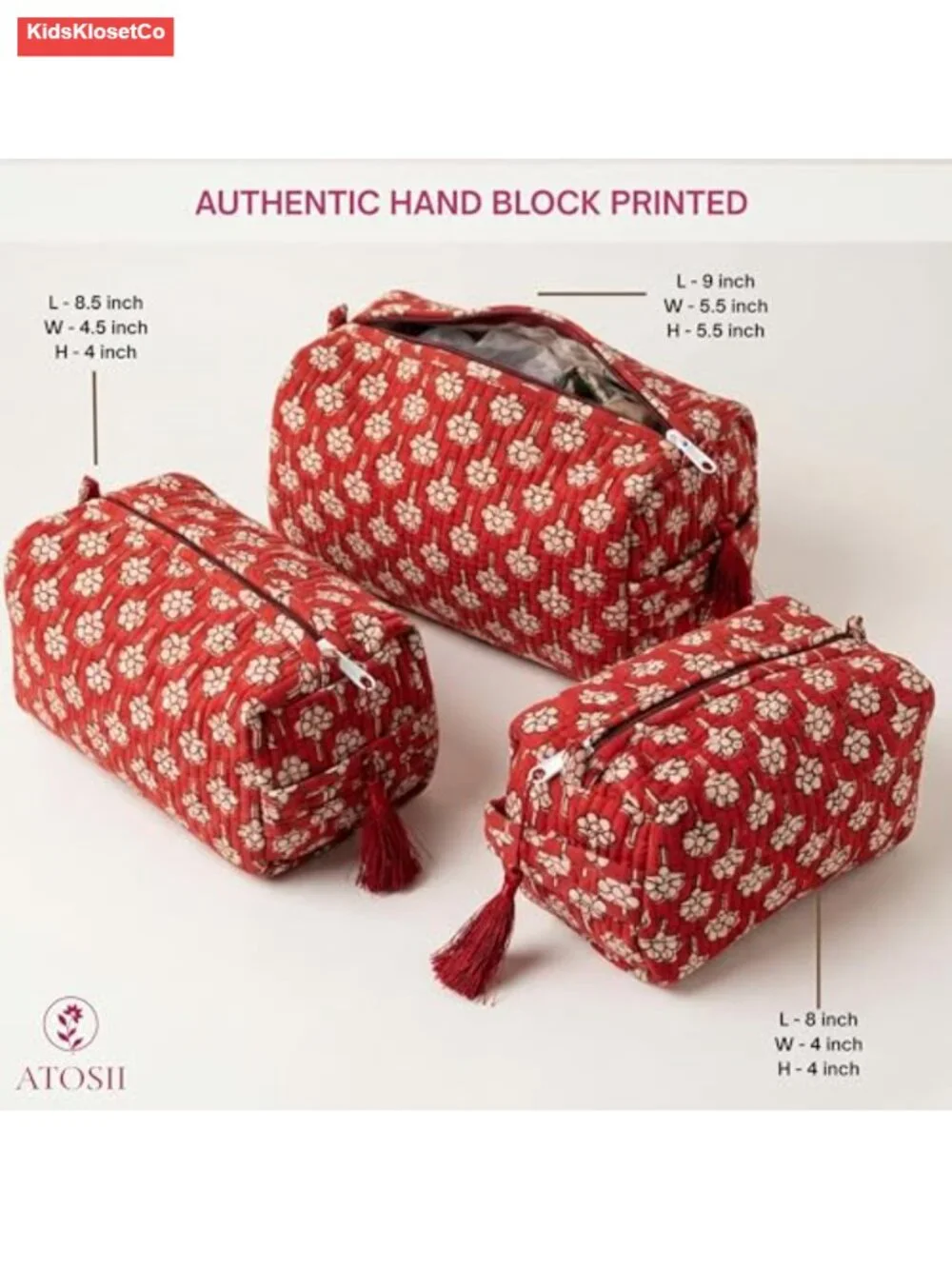 3-Piece Quilted Cotton Waterproof Toiletry Bag Set with Block Print Design for
